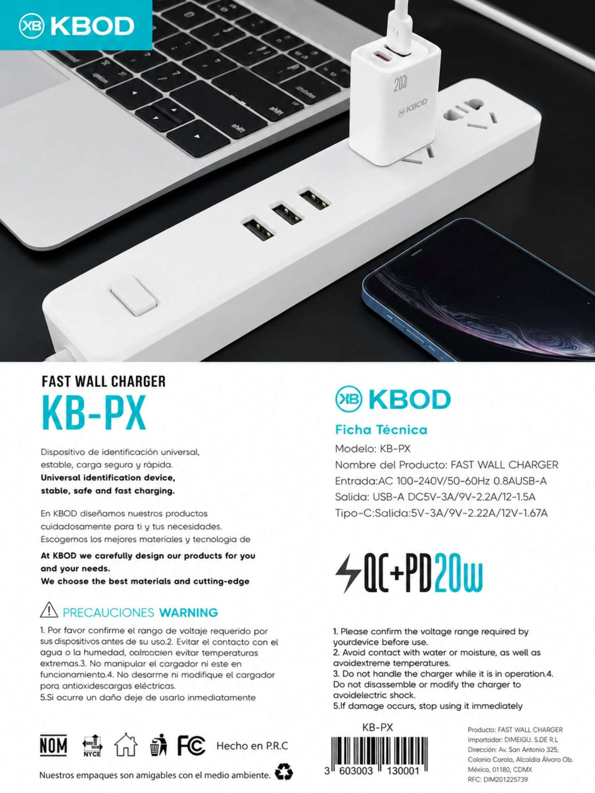 Cargador de Pared 20W PD con USB-C + USB-A | KBOD