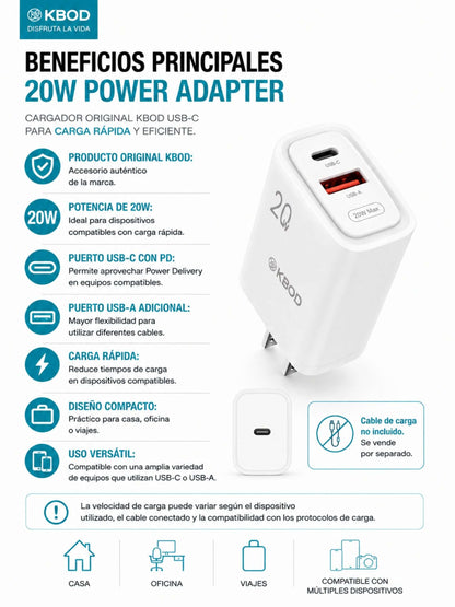 Cargador de Pared 20W PD con USB-C + USB-A | KBOD
