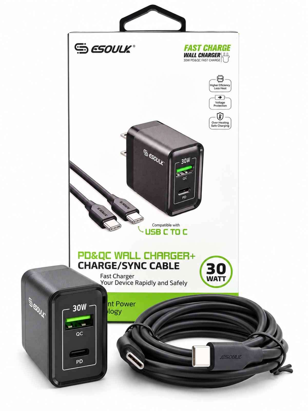 Cargador de Pared Esoulk 30W PD + QC con Cable USB-C a USB-C
