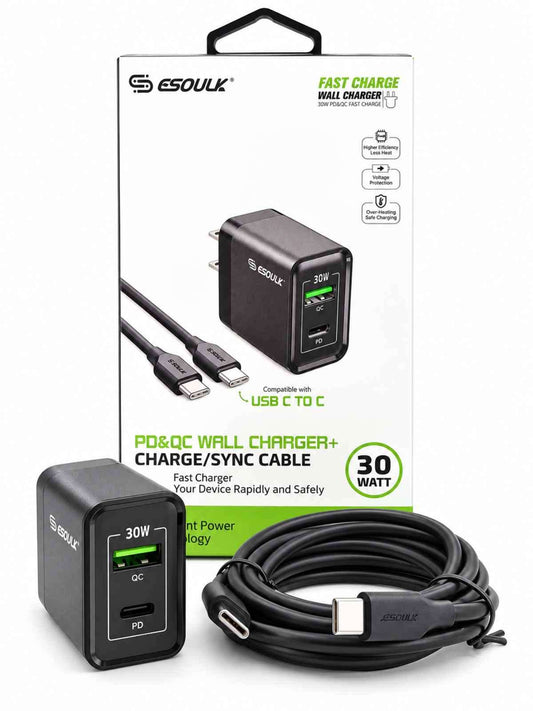 Cargador de Pared Esoulk 30W PD + QC con Cable USB-C a USB-C