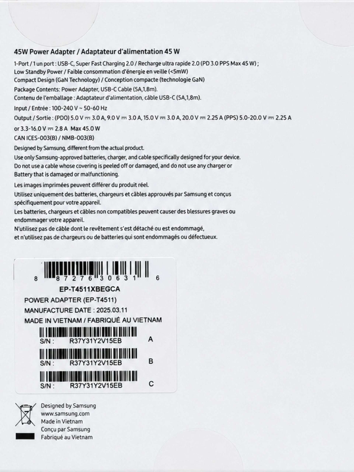 Cargador Original Samsung 45W + Cable USB-C a USB-C