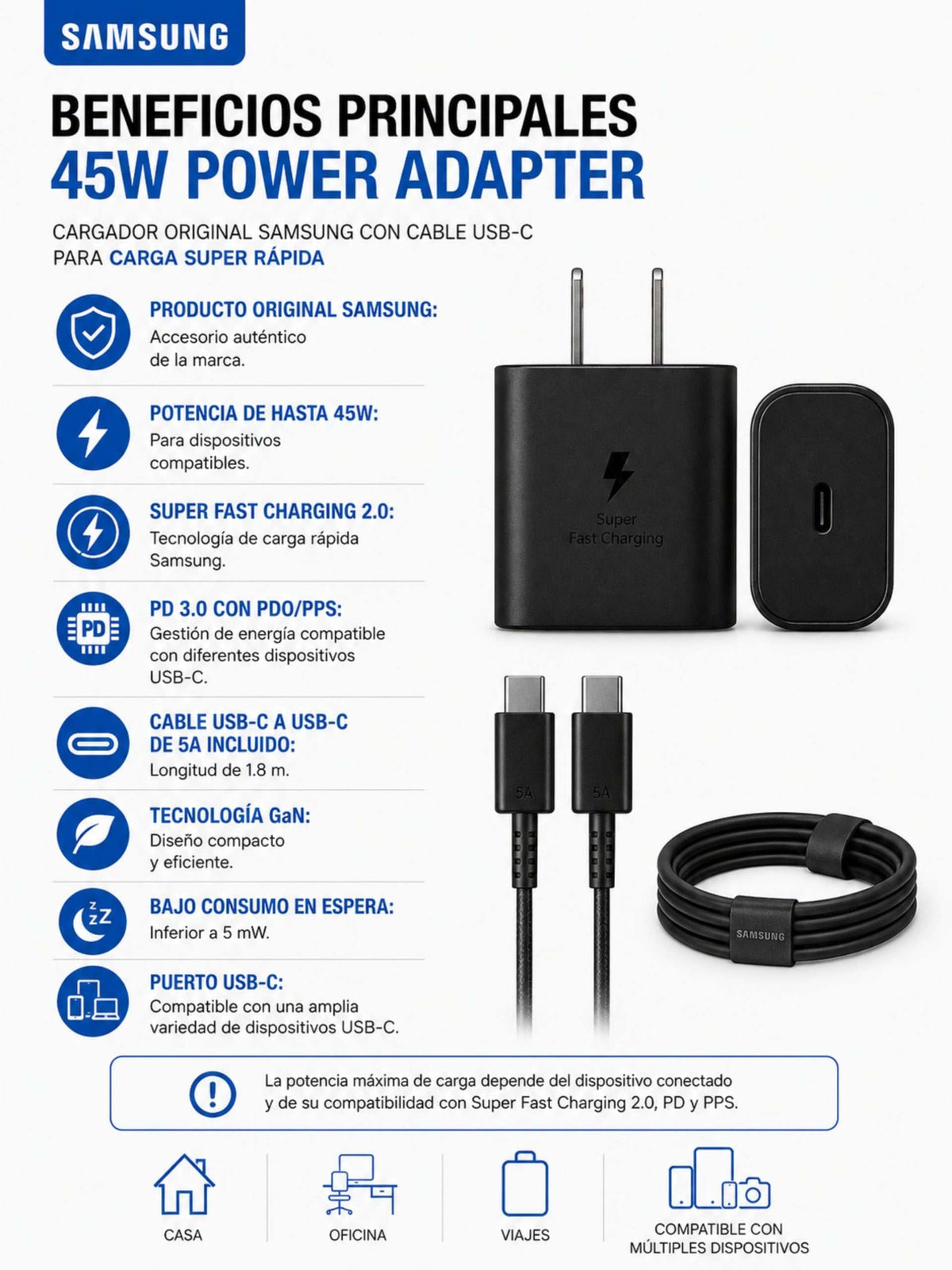 Cargador Original Samsung 45W + Cable USB-C a USB-C
