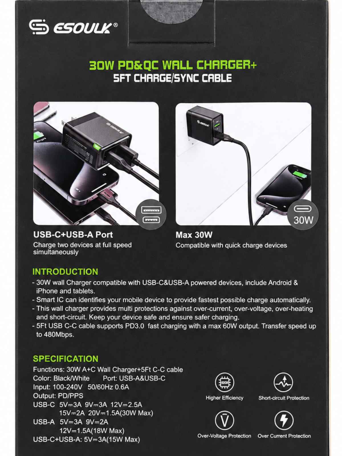 Cargador de Pared Esoulk 30W PD + QC con Cable USB-C a USB-C