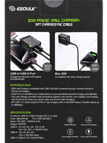 Cargador de Pared Esoulk 30W PD + QC con Cable USB-C a USB-C