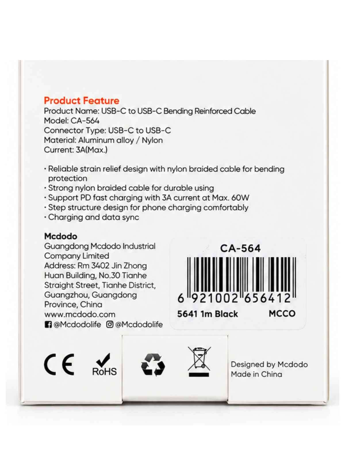 Cable Mcdodo USB-C a USB-C 60W PD 1m Nylon Trenzado
