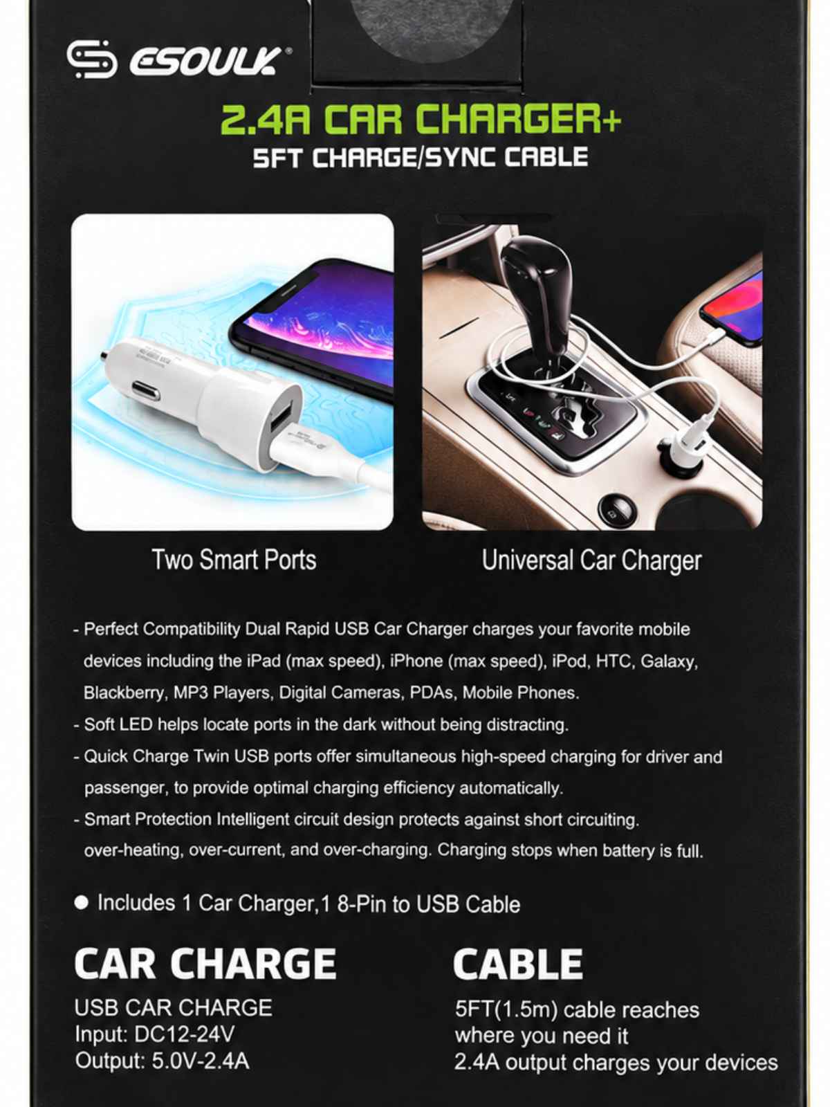 Cargador de Auto Esoulk 12W Doble USB con Cable 8-Pin de 5 ft