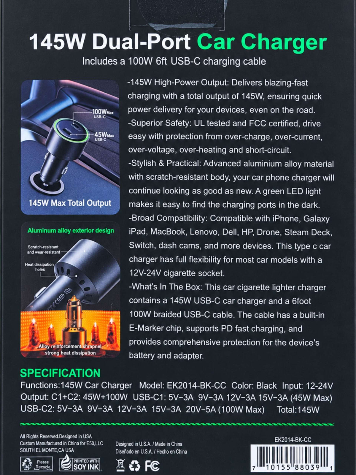Cargador para Auto 145W Dual USB-C + Cable 100W | Esoulk