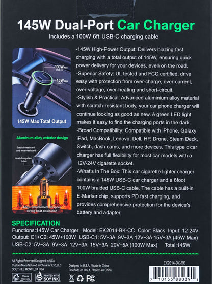 Cargador para Auto 145W Dual USB-C + Cable 100W | Esoulk